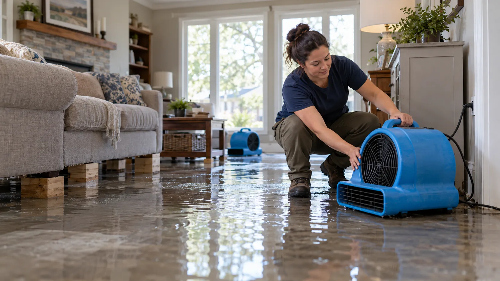 Water damage restoration technician drying a flooded living room in Chicago
